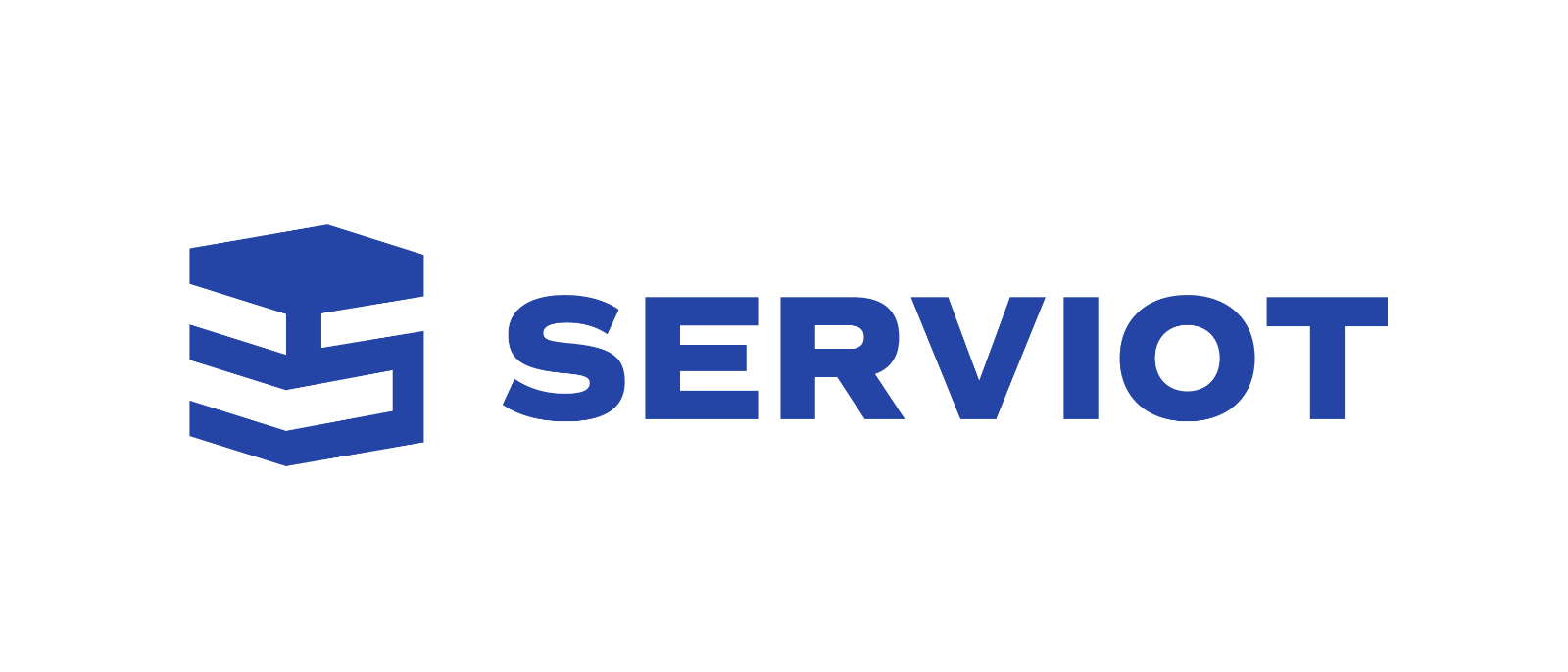 Blue Serviot logo with a geometric icon and bold uppercase text on a white background.