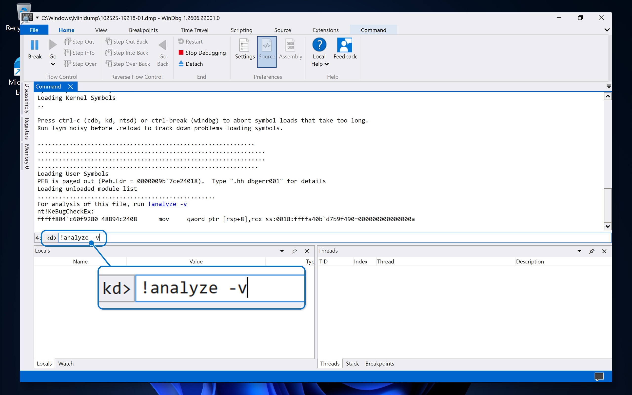 WinDbg window open with !analyze -v command highlighted on a Windows 11 desktop. WinDbg window open with !analyze -v command highlighted on a Windows 11 desktop.