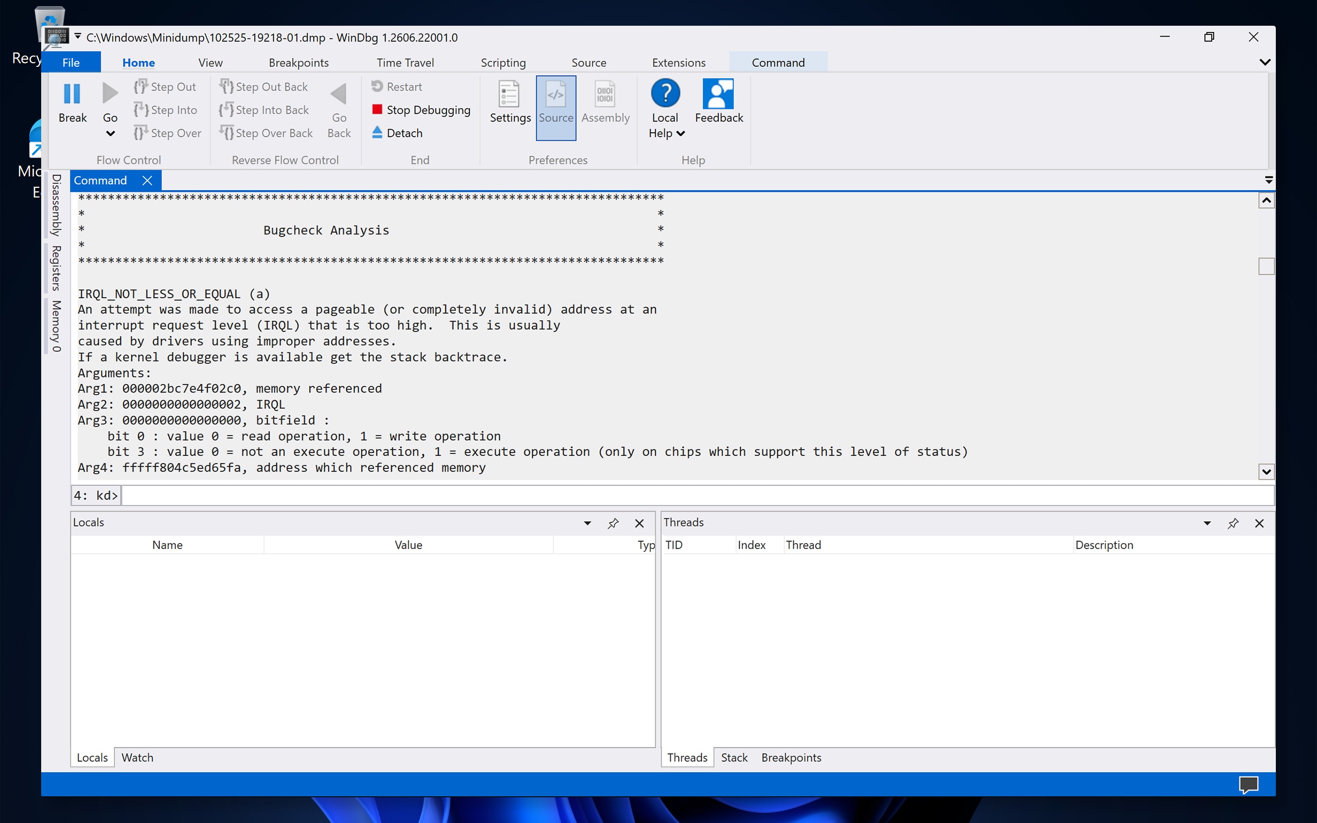 WinDbg analyzing bugcheck with memory and thread details on a Windows desktop. WinDbg analyzing bugcheck with memory and thread details on a Windows desktop.