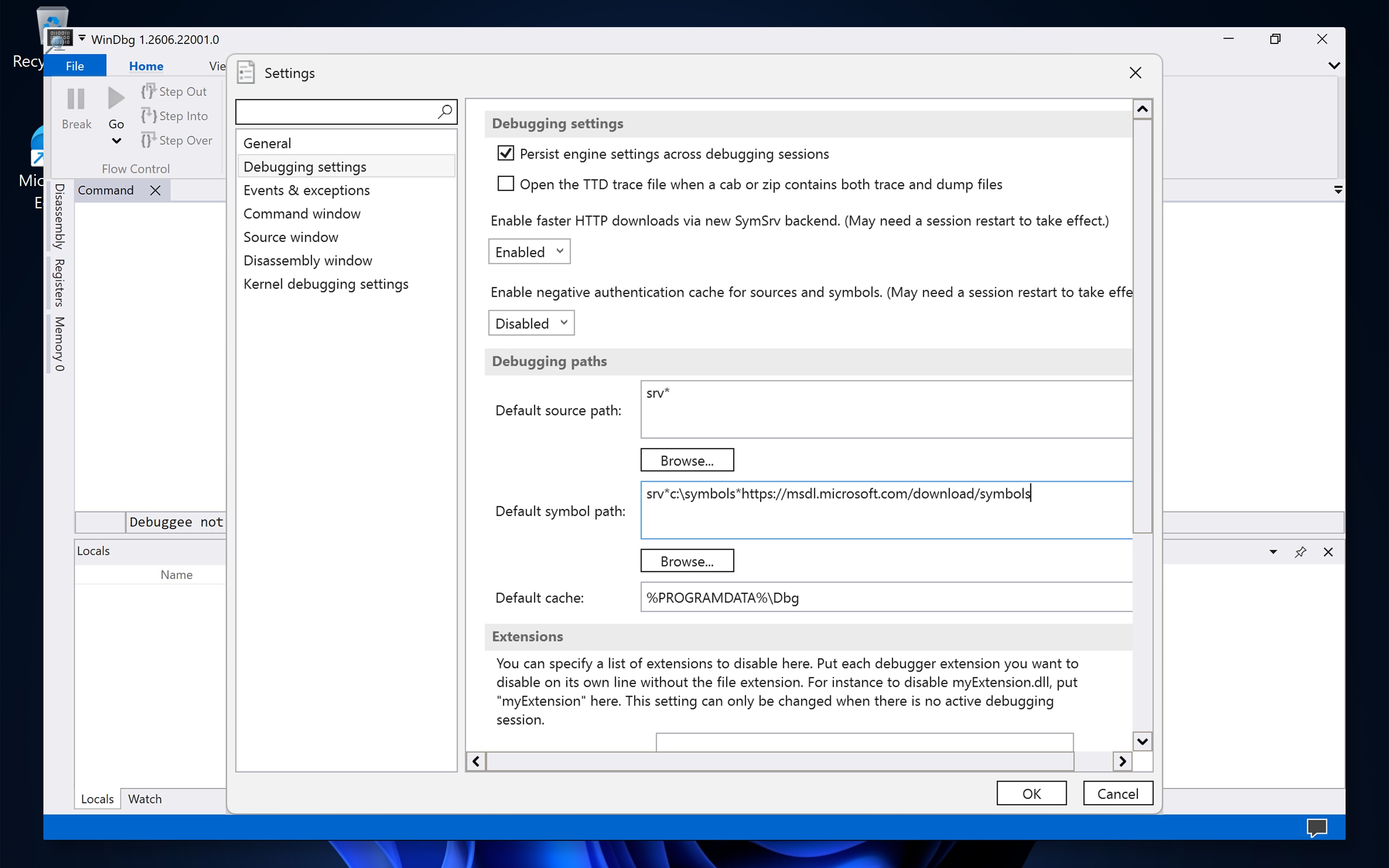 WinDbg settings dialog with debugging paths and symbol server configuration on Windows desktop. WinDbg settings dialog with debugging paths and symbol server configuration on Windows desktop.