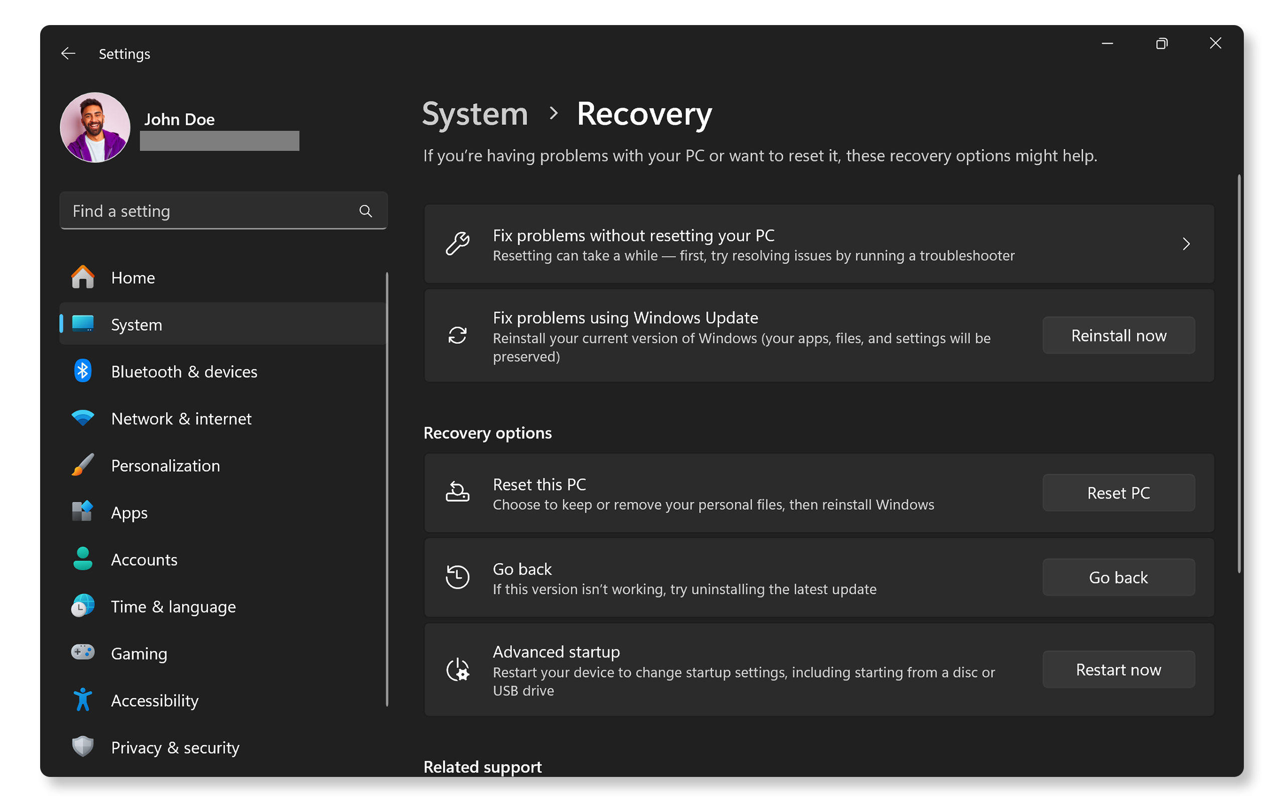 Windows 11 settings page showing the Restart Now button next to Advanced Startup
