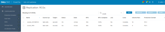 DOLL E MC PowerFIex 
CONFIGURATION 
protection Domai 
Fa Sets 
bdC•SOln 
Pools 
bdc-soln 
Replication: 
Showing 2 of 4 RCCs 
oracle_DATARED0 
oracle_FRA 
RCGS 
SYS 
adrnin 
v onr 
LAG 
Sec d_ 
second_ 
Volume 
Consiste_ 
Consiste_ 
protection in 