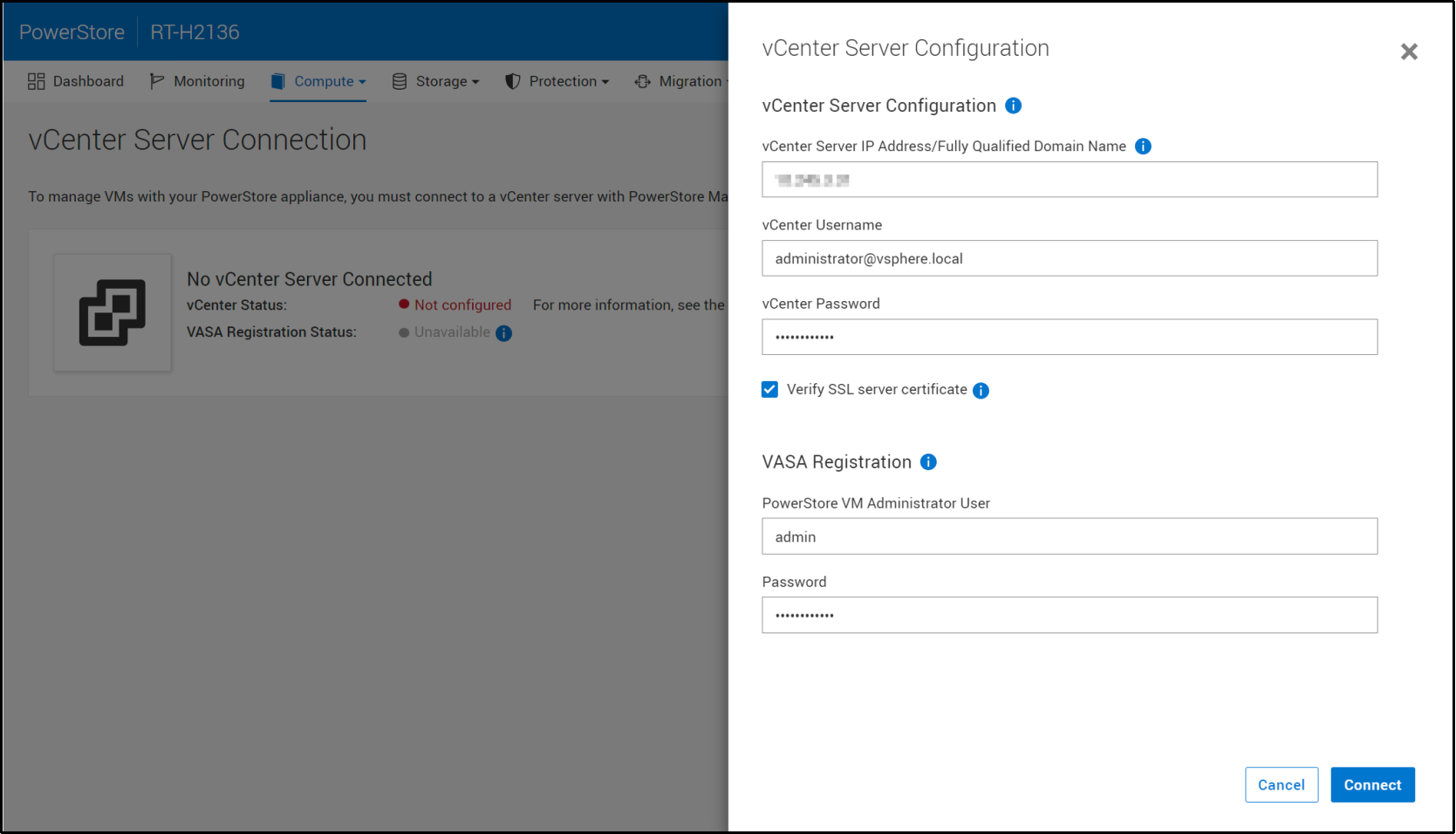 A screenshot of PowerStore Manager showing the vCenter server registration form.