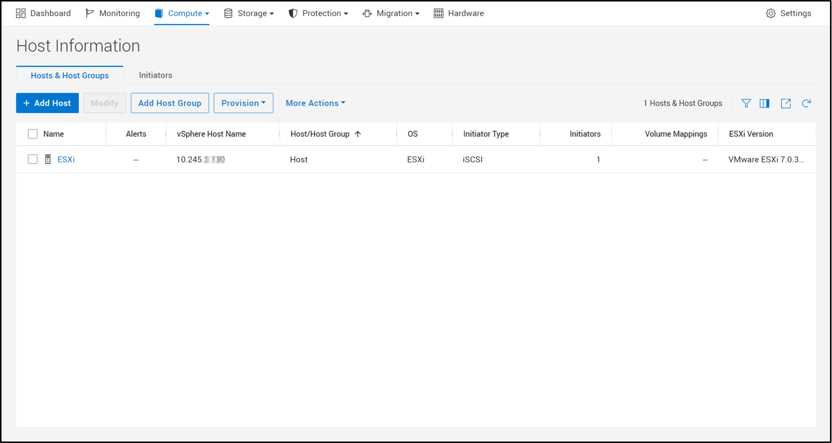 A screenshot of PowerStore Manager showing the Hosts and Host Groups page, which includes columns for the vSphere Host Name and ESXi version.