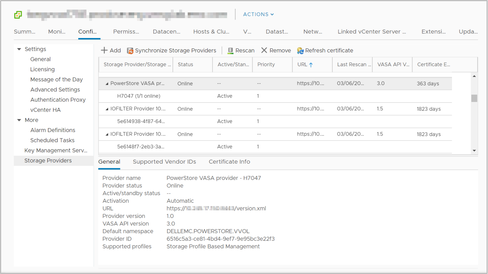 A screenshot of vCenter showing the VASA provider status after it's registered.