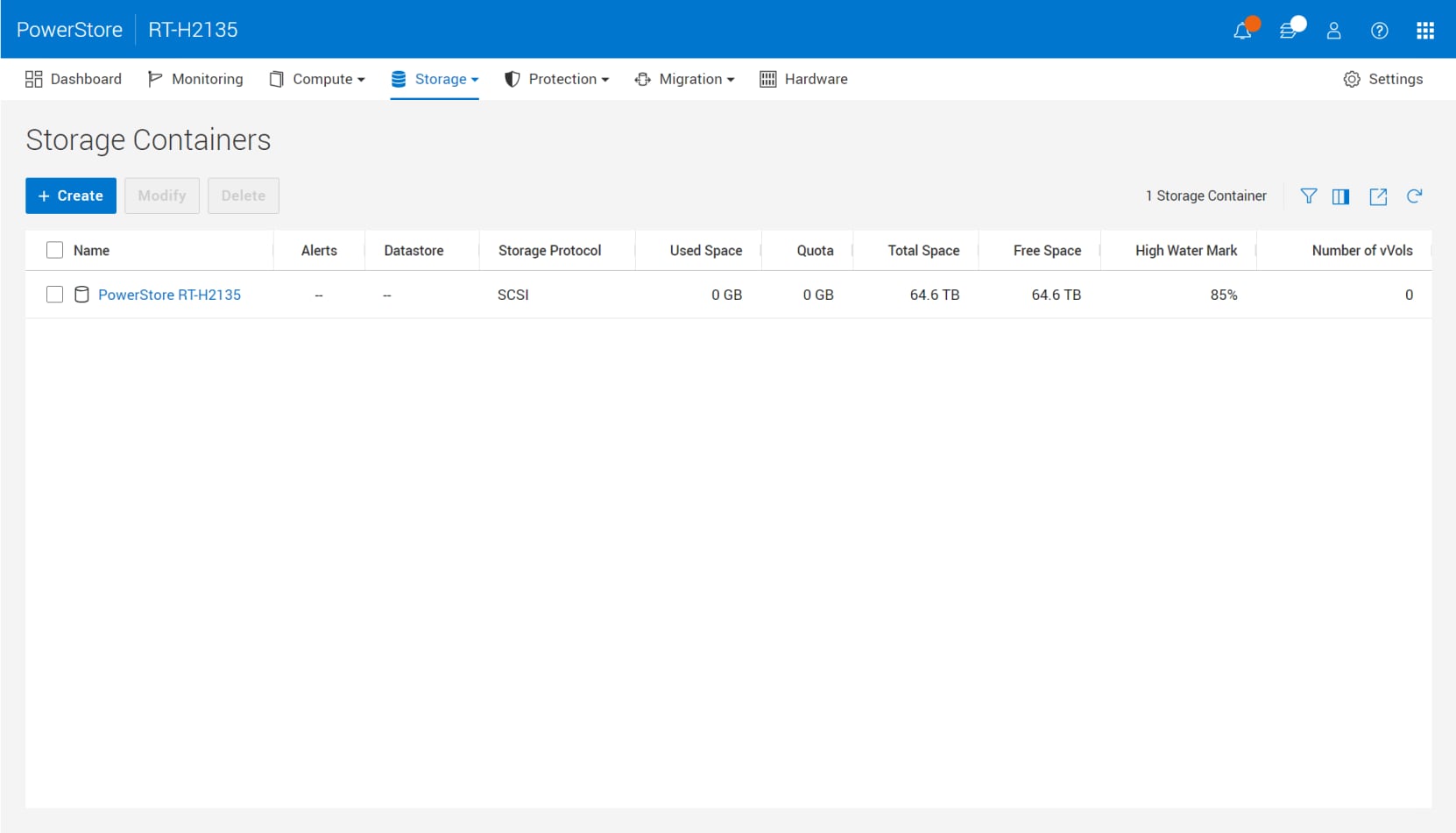 A screenshot of PowerStore Manager showing the Storage Containers page which shows the default storage container.