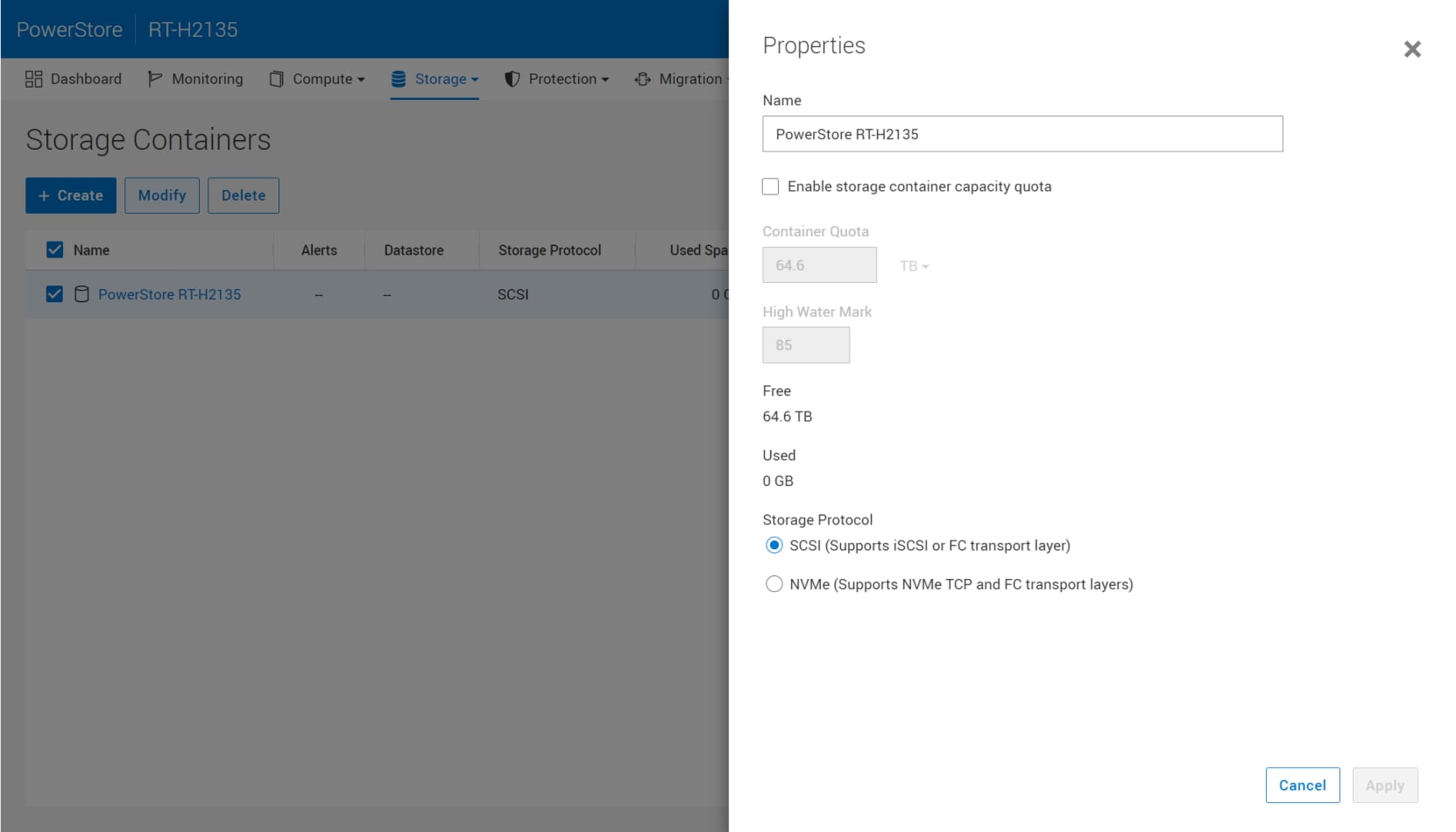 A screenshot of PowerStore Manager showing the Storage Container properties, which includes its quota settings.