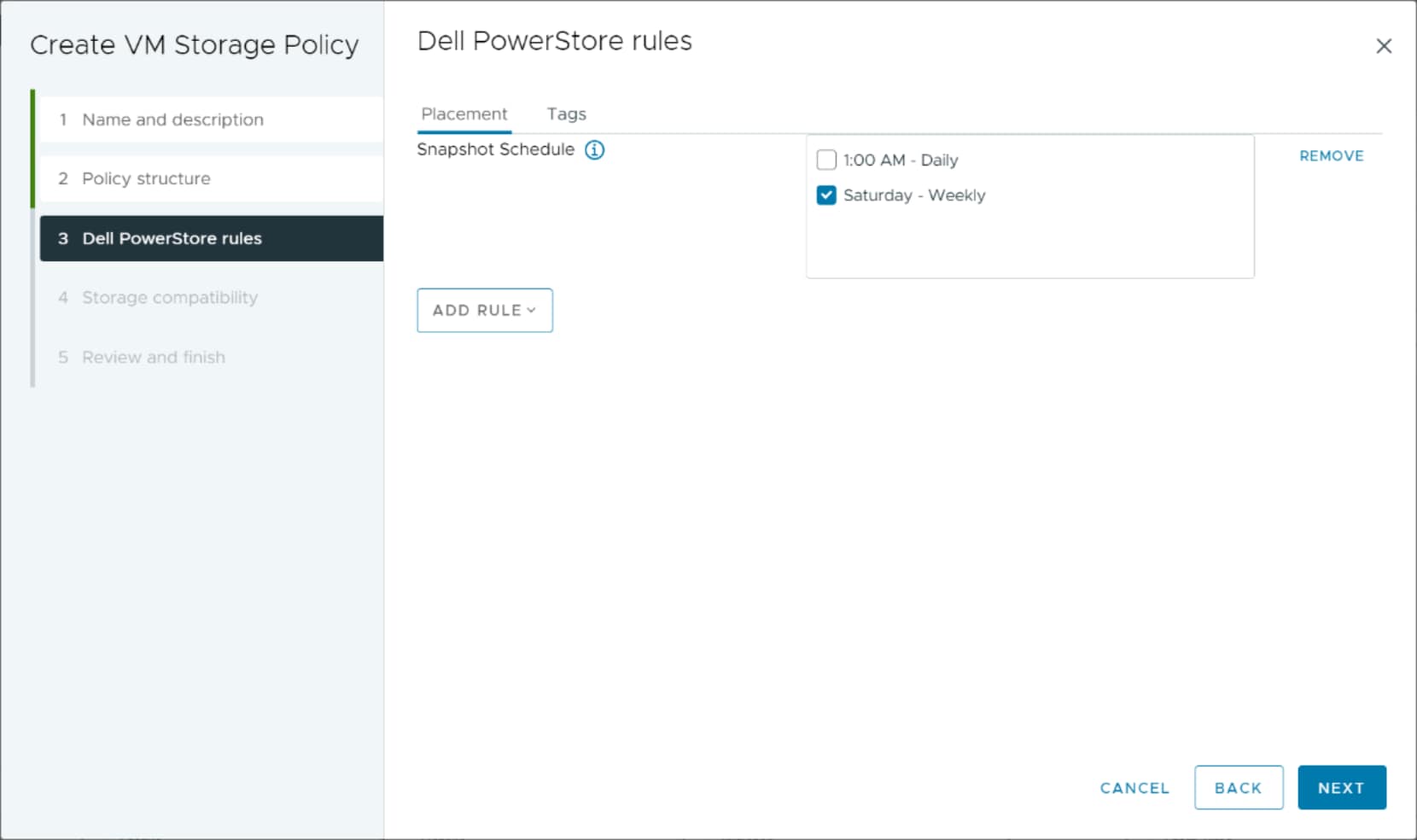 A screenshot of vCenter showing the Create VM Storage Policy wizard, which shows the available snapshot schedule rules retrieved from PowerStore.