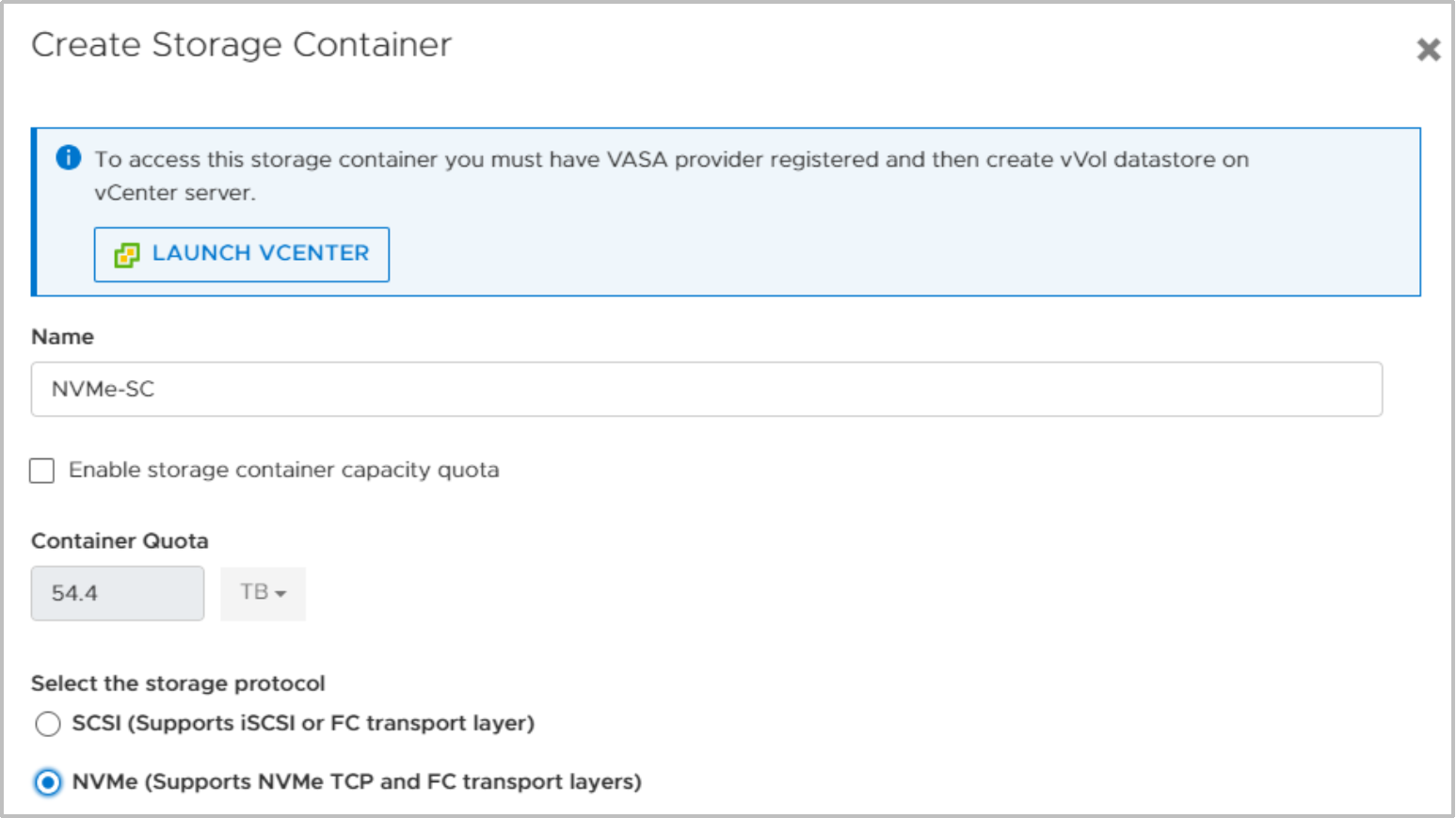 A screenshot of the Create Storage Container page, which includes the ability to select SCSI or NVMe as the storage protocol.