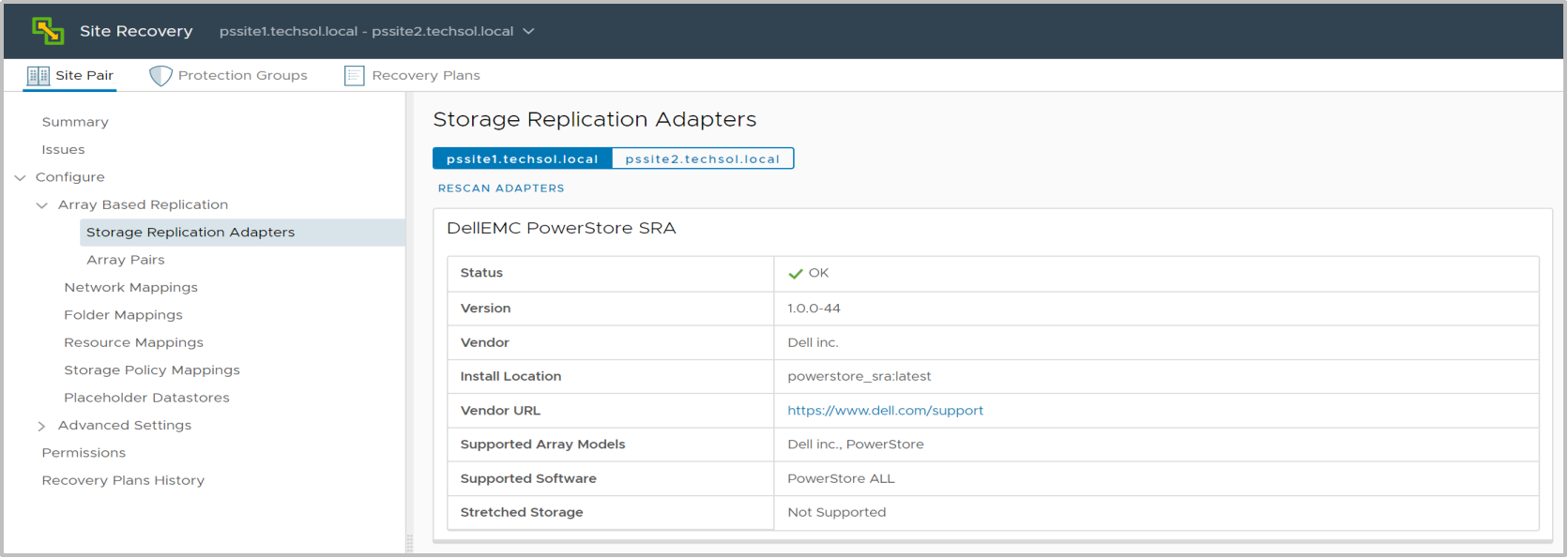 A screenshot of Site Recovery Manager showing the PowerStore Storage Replication Adapter.