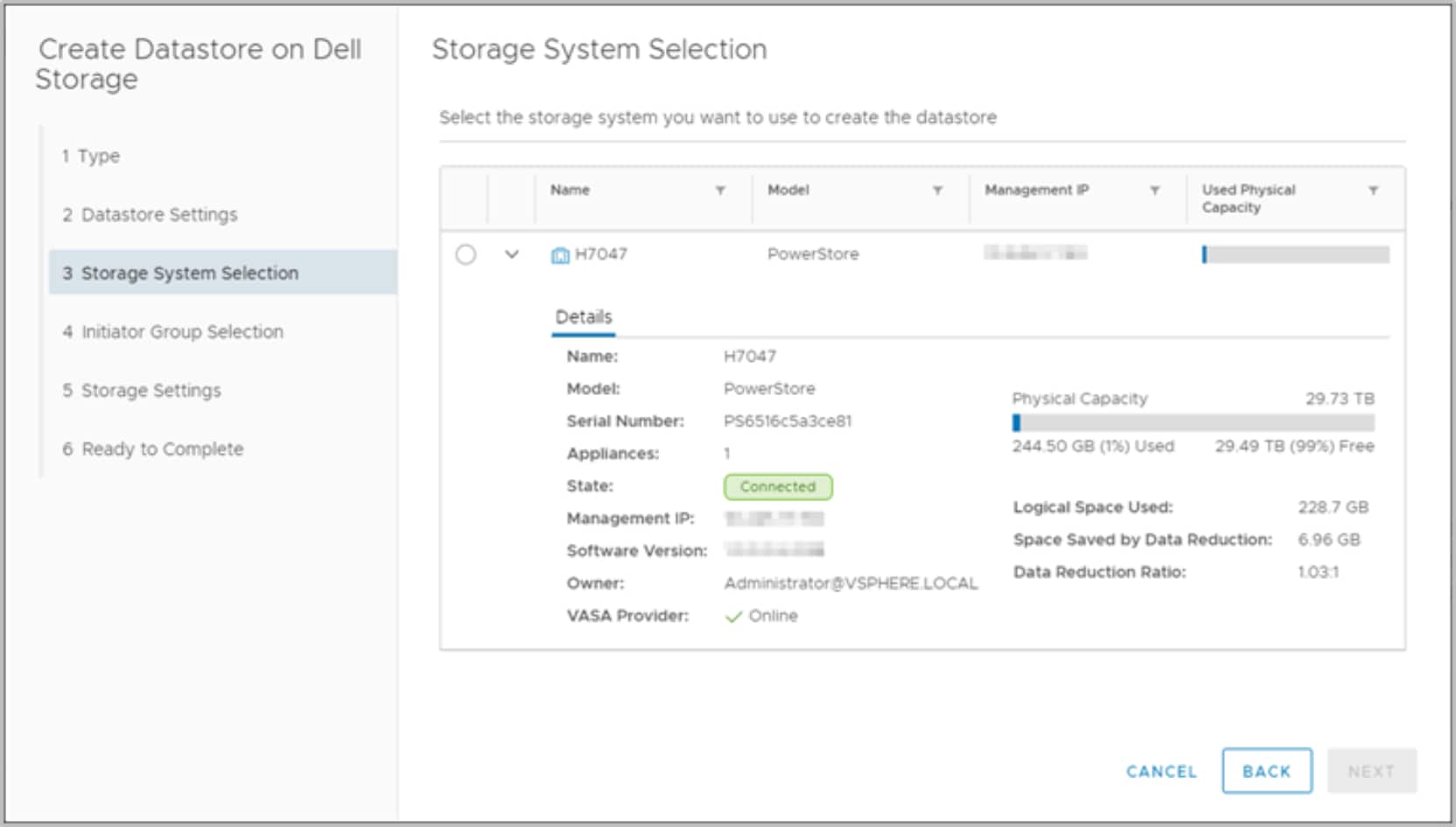 A screenshot of the VSI plugin showing the new datastore creation wizard.