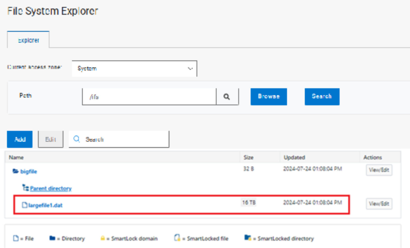 The figure shows the OneFS file system explorer displaying a directory listing, with a highlighted file named largefile1.dat indicating a size of 16 TB, demonstrating support for large files within the OneFS file system.