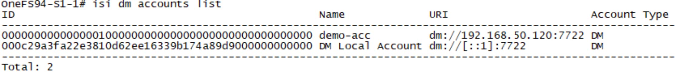 A figure illustrating the output of the CLI command, isi dm accounts list.
