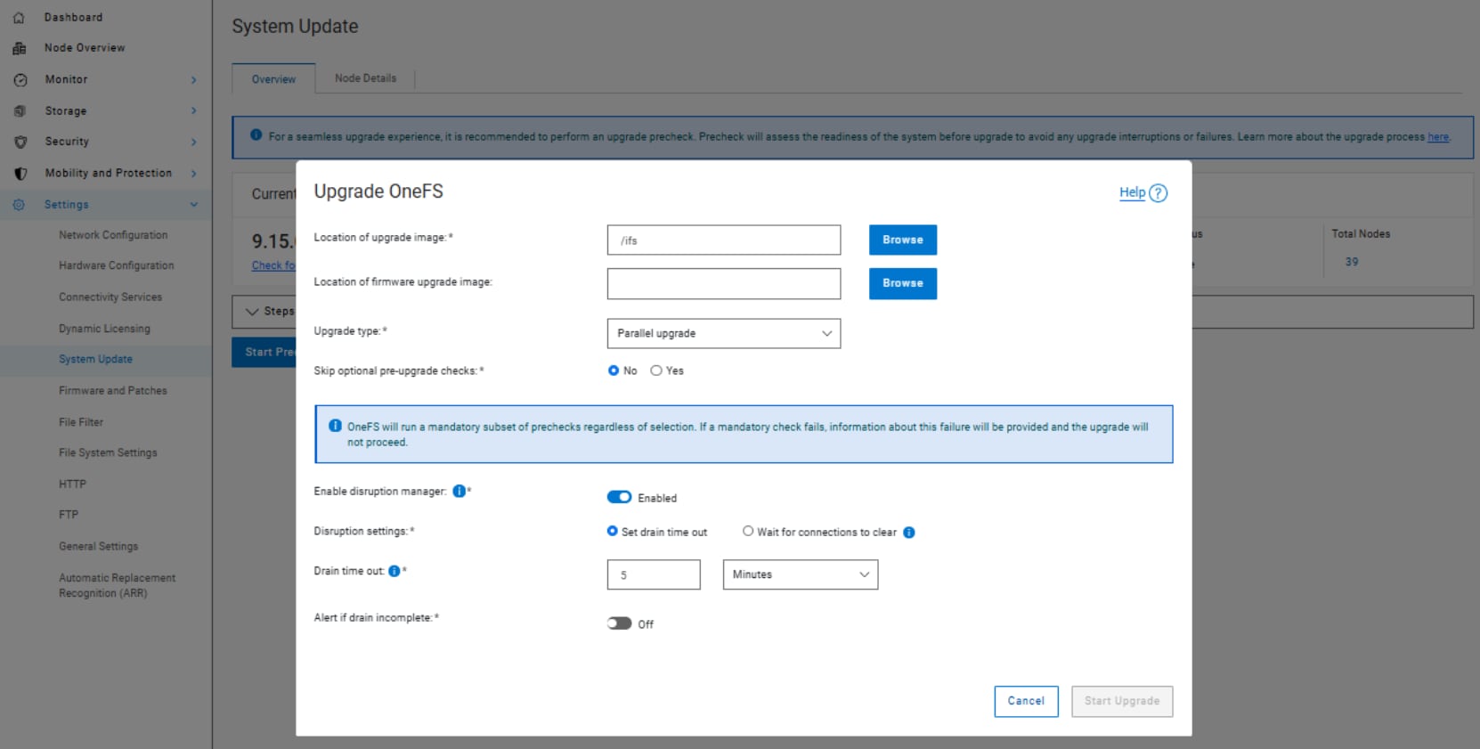 The figure shows the OneFS WebUI upgrade interface, with options for selecting an upgrade image, configuring upgrade settings, managing precheck behavior, and starting a OneFS upgrade.