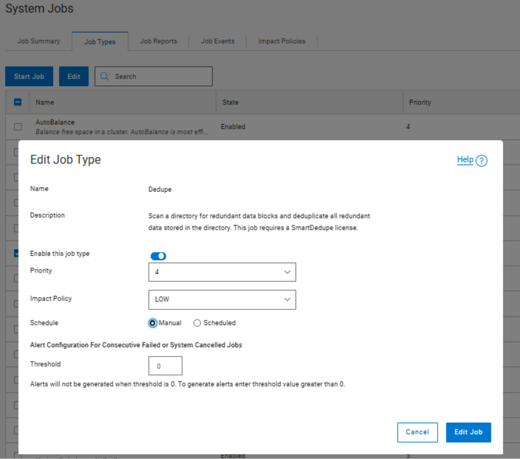 The figure shows job impact and priority configuration in the OneFS WebUI, with an Edit Job Type dialog for the Dedupe job displaying settings for enablement, priority, impact policy, scheduling, and alert thresholds.