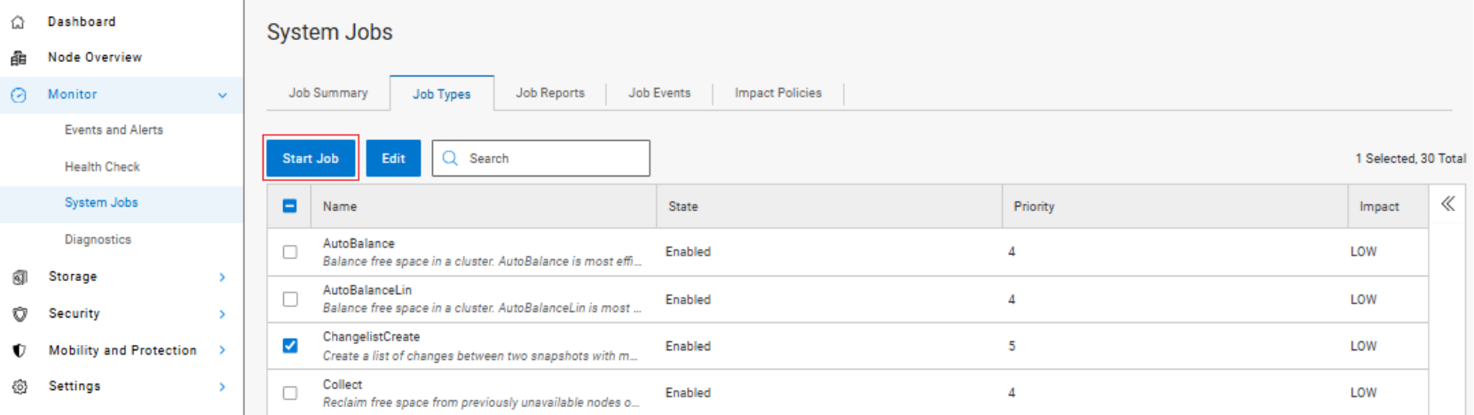 The figure shows the OneFS WebUI Jobs page, displaying a list of job types with their state, priority, and impact, along with controls for starting, editing, and searching for jobs.