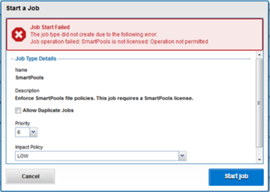 The figure shows the warning for an unlicensed SmartPools job.