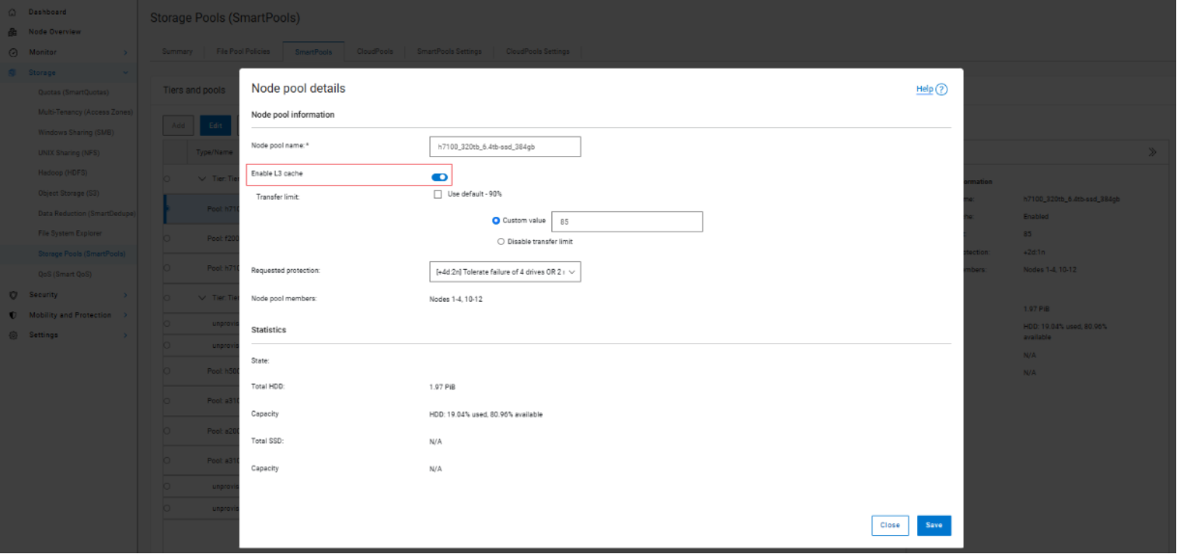 The figure shows node pool details and transfer limit settings in the Storage Pools management interface.