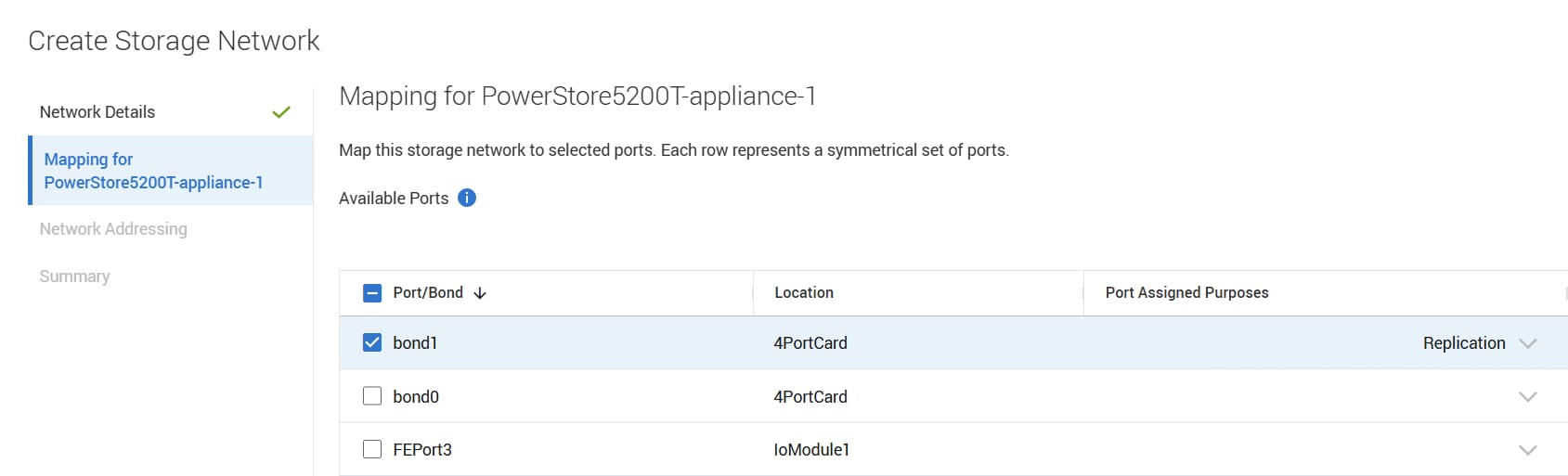 PowerStore Manager > Create Storage Network wizard > Mapping Step Step 2 - bond1 is selected. The replication network will be mapped to this port at creation.