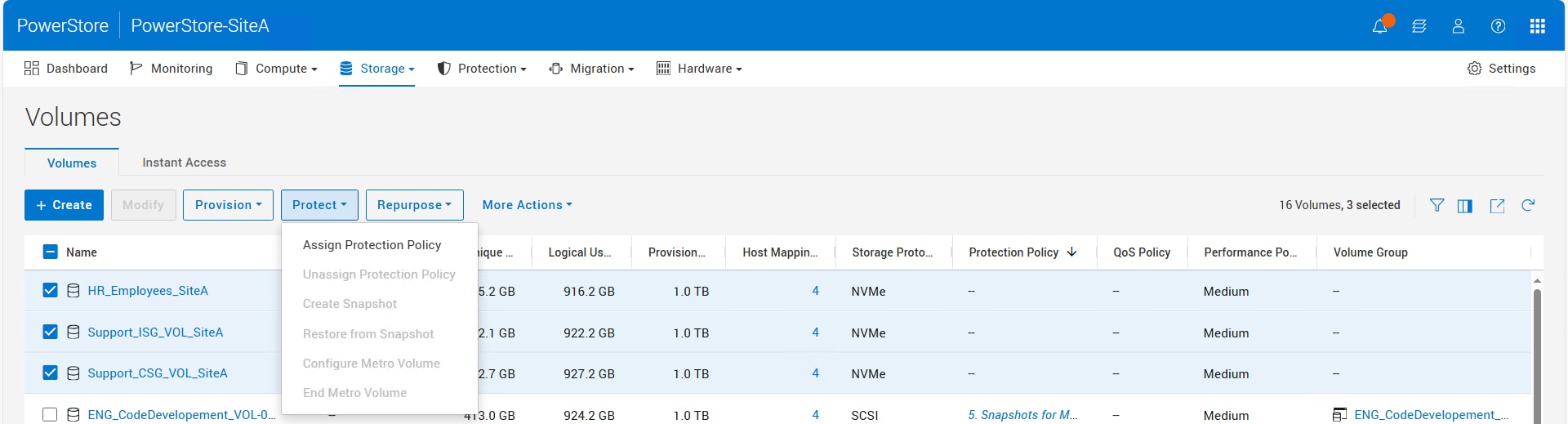 Assign Protection Policy can be selected under Protect after selecting an existing storage resource.