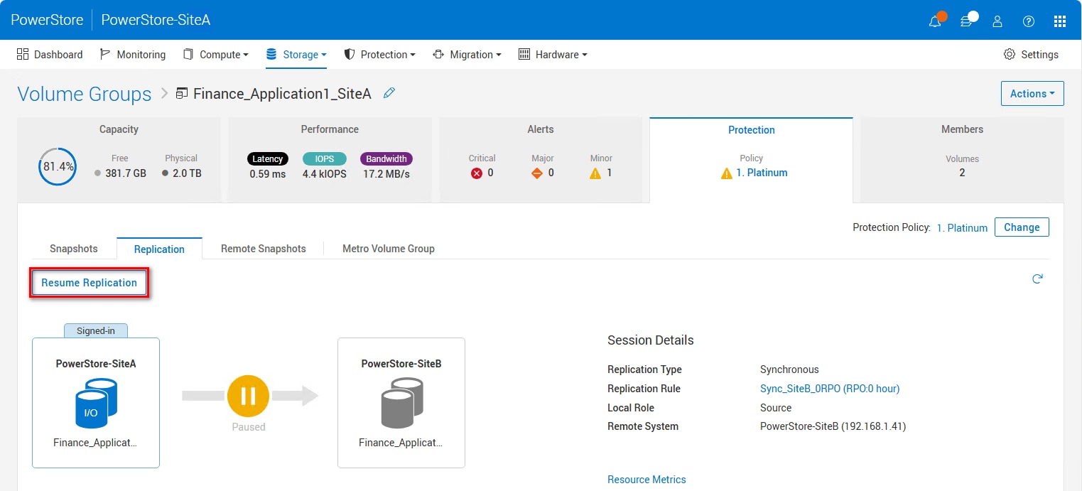 Replication session detail when session is Paused with highlighted operation to Resume Replication.