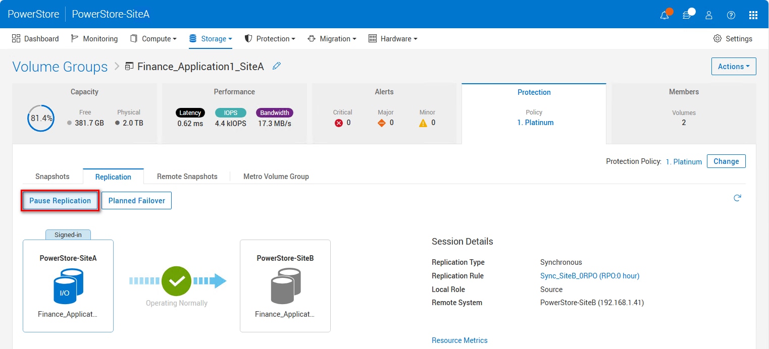 Replication session detail when session is Operating Normally with highlighted option to pause the session.