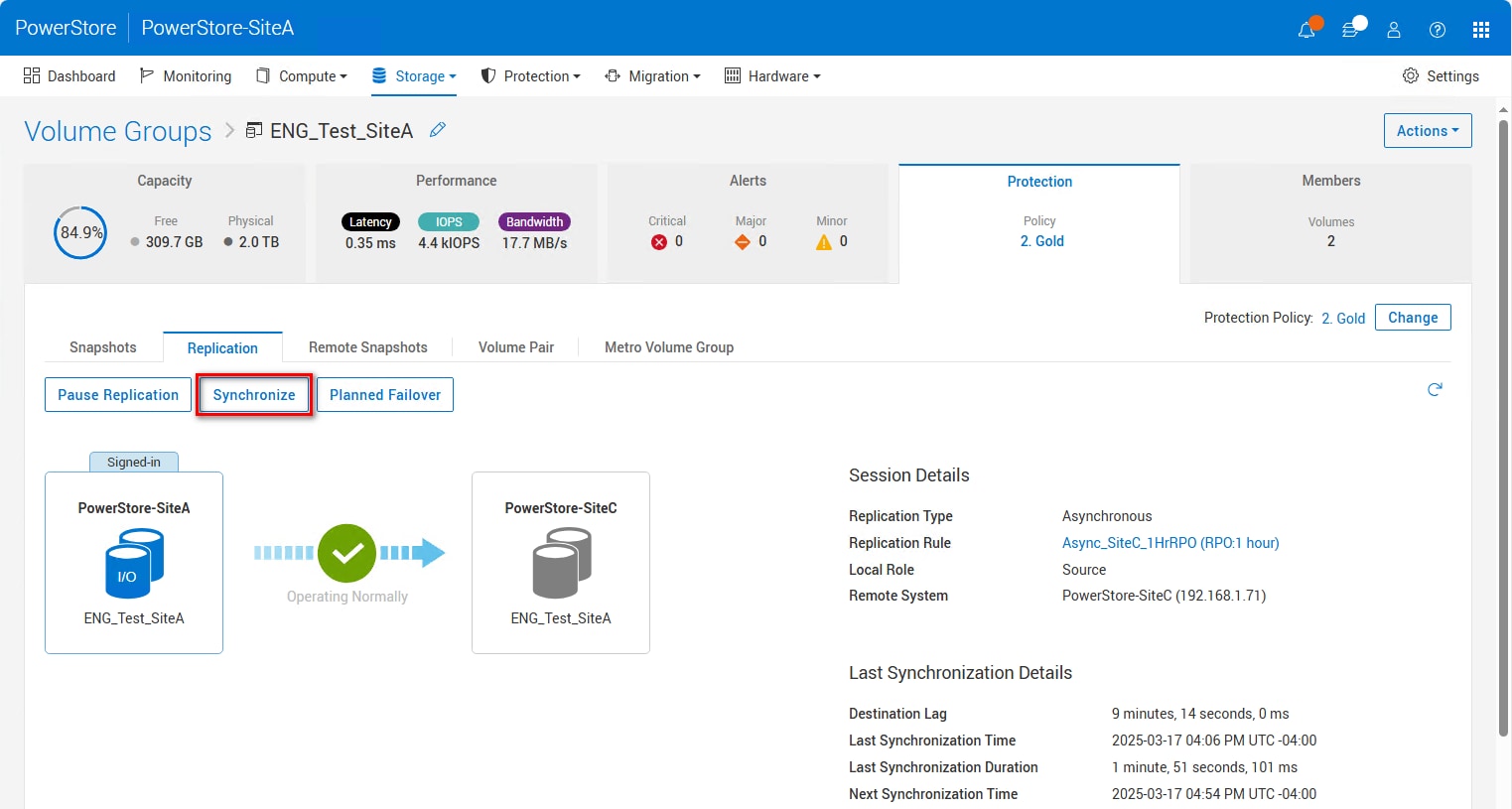 Replication session detail when session is Operating Normally with highlighted operation Synchronize.