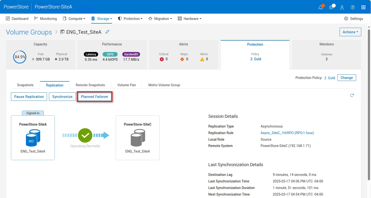 Replication session detail when session is Operating Normally with highlighted operation Planned Failover.