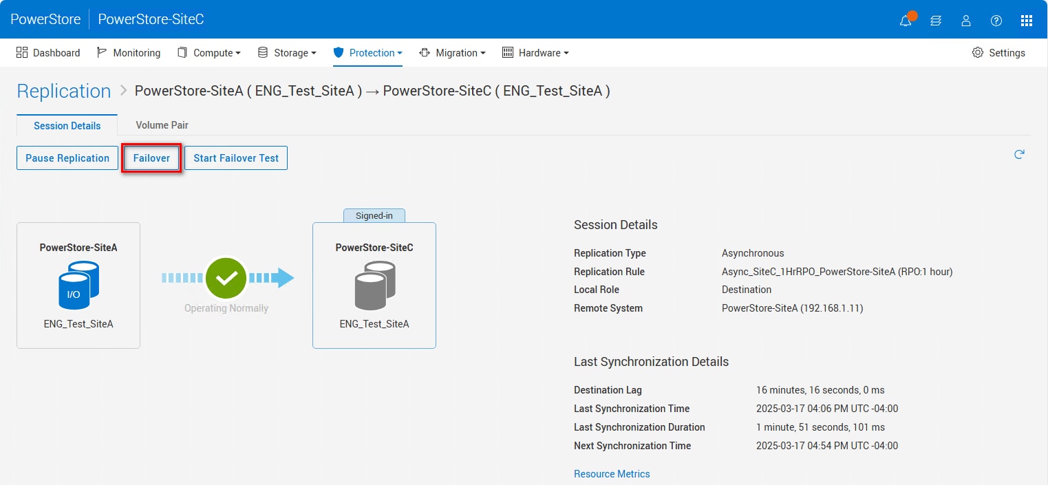 Replication session detail when session is Operating Normally with highlighted operation Failover.