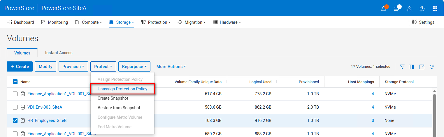 PowerStore Manager > Volumes overview shows Protect pull-down to unassign a protection policy for the selected volume.