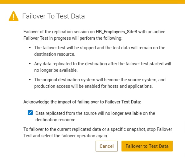 Dialog to Failover To Test Data.
