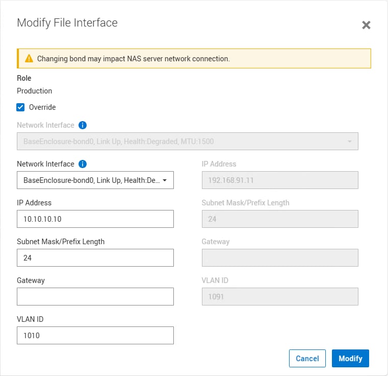 Modify file interface dialog for a cloned NAS Server on destination with enabled override option to - set Network interface - configure IP details and VLAN