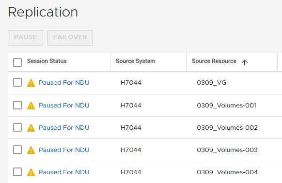 Replication details when sessions are paused for NDU