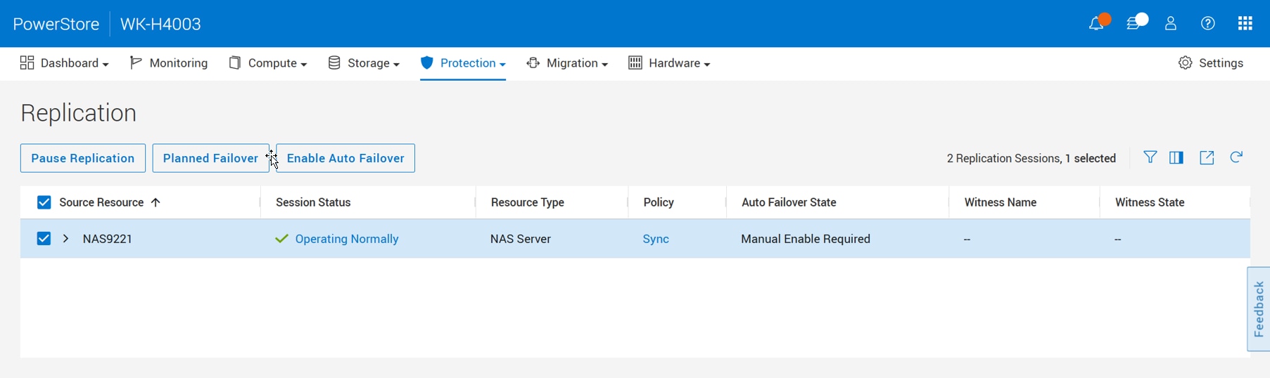 A screenshot of PowerStore Manager that shows how to Enable Auto Failover on an upgraded synchronous replication session.