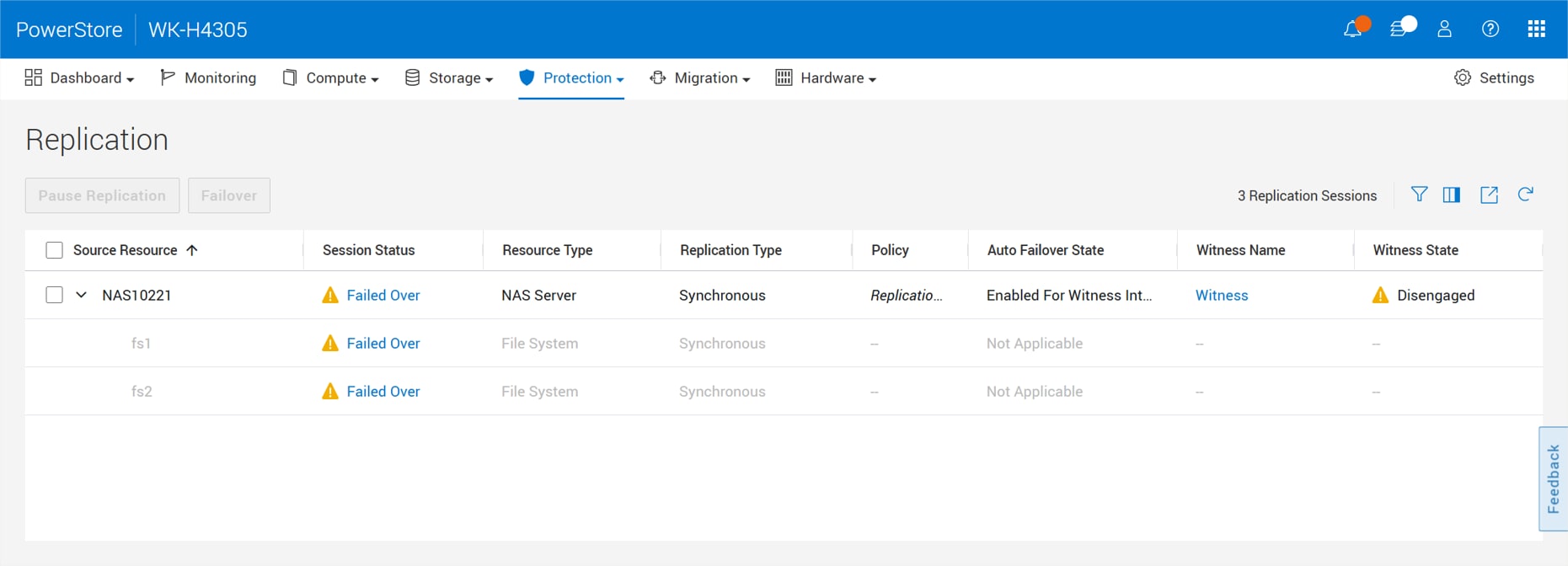 The replication session has automatically been failed over to the destination due to an issue.