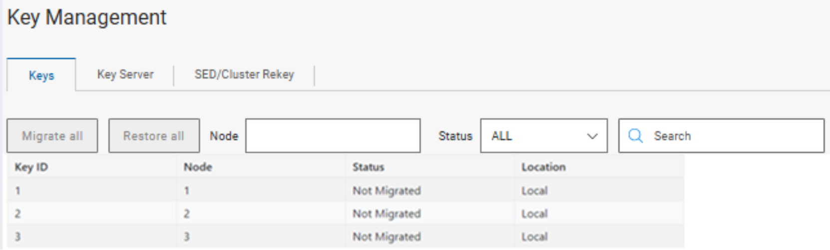 Screenshot of a key management interface displaying a table with columns for Key ID, Node, Status, and Location. The table lists three keys, all with status "Not Migrated" and location "Local," alongside tabs for Keys, Key Server, and SED/Cluster Rekey, plus buttons for "Migrate all" and "Restore all."