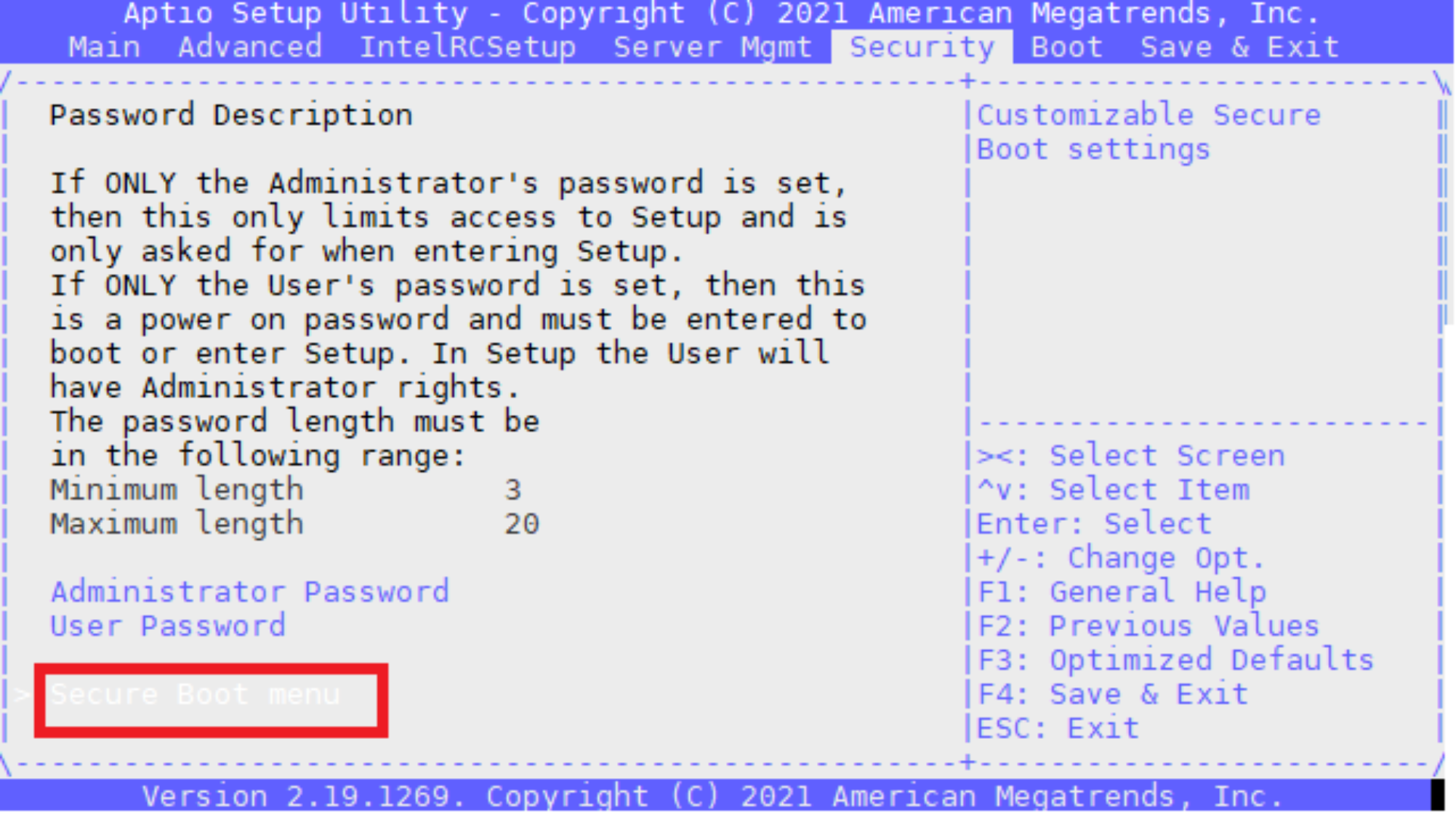 Screenshot of Aptio Setup Utility BIOS interface showing Password Description settings for Administrator and User passwords with length requirements from 3 to 20 characters. Menu includes navigation instructions on right side and a highlighted "Secure Boot menu" option in red box at bottom left.