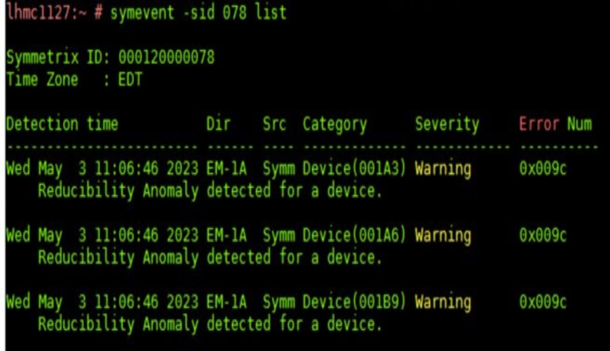 A screenshot showing the output of the symevent command. 