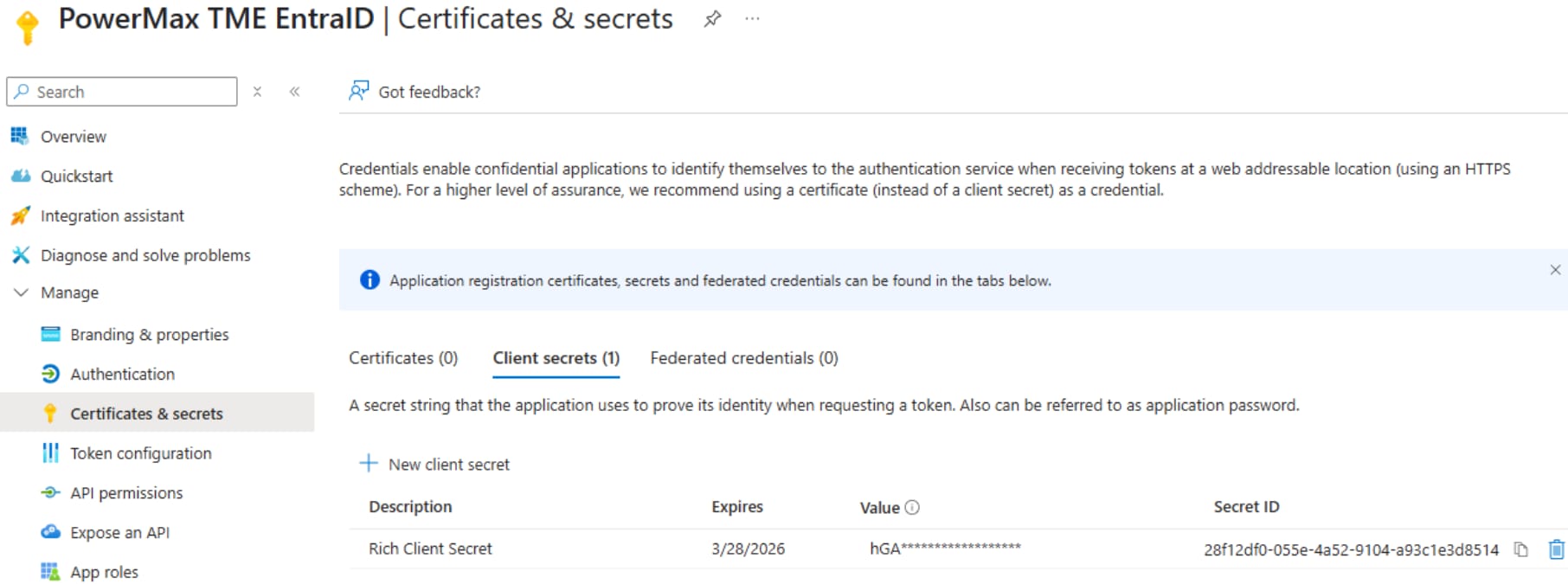 Screenshot of the Certificate and Secrets page