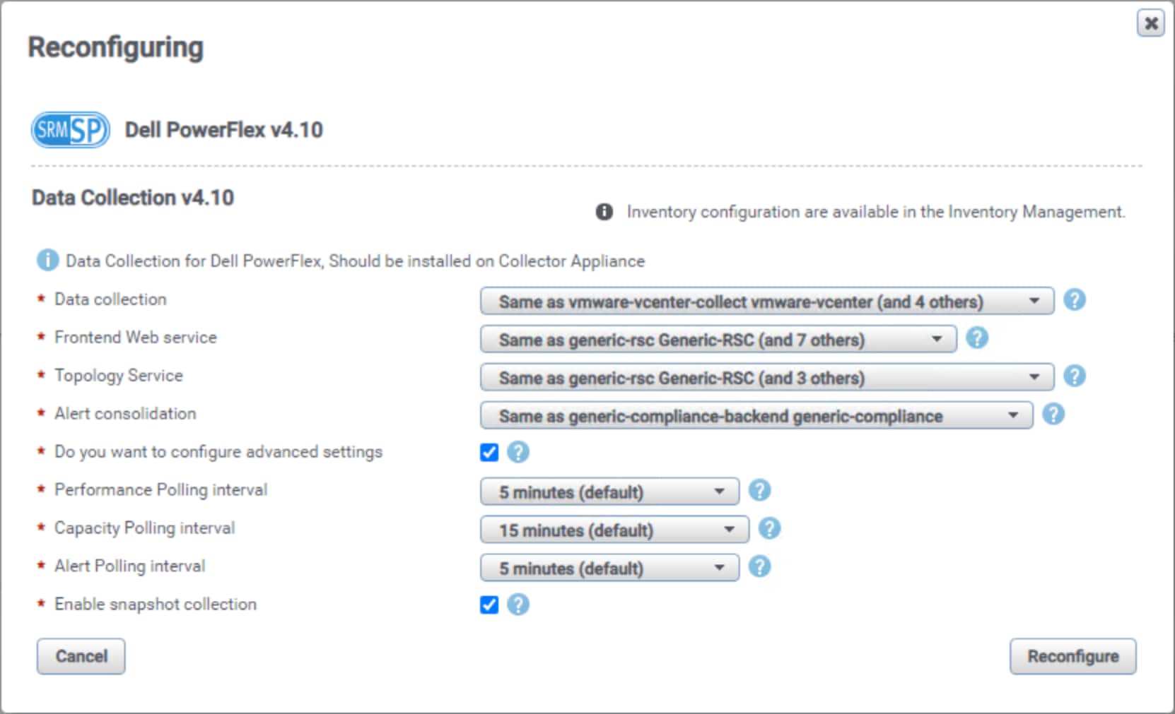 A screenshot of the default PowerFlex polling intervals.