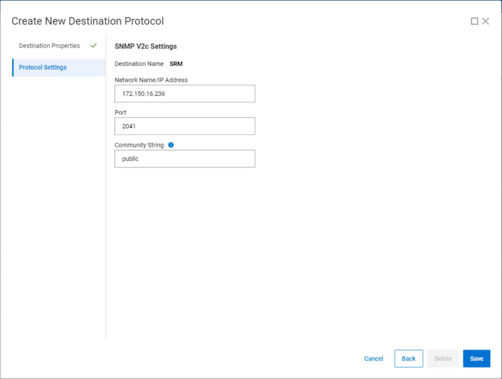 A screenshot showing the second step of creating an event destination in PowerFlex Manager. This step defines the SNMP destination network information.