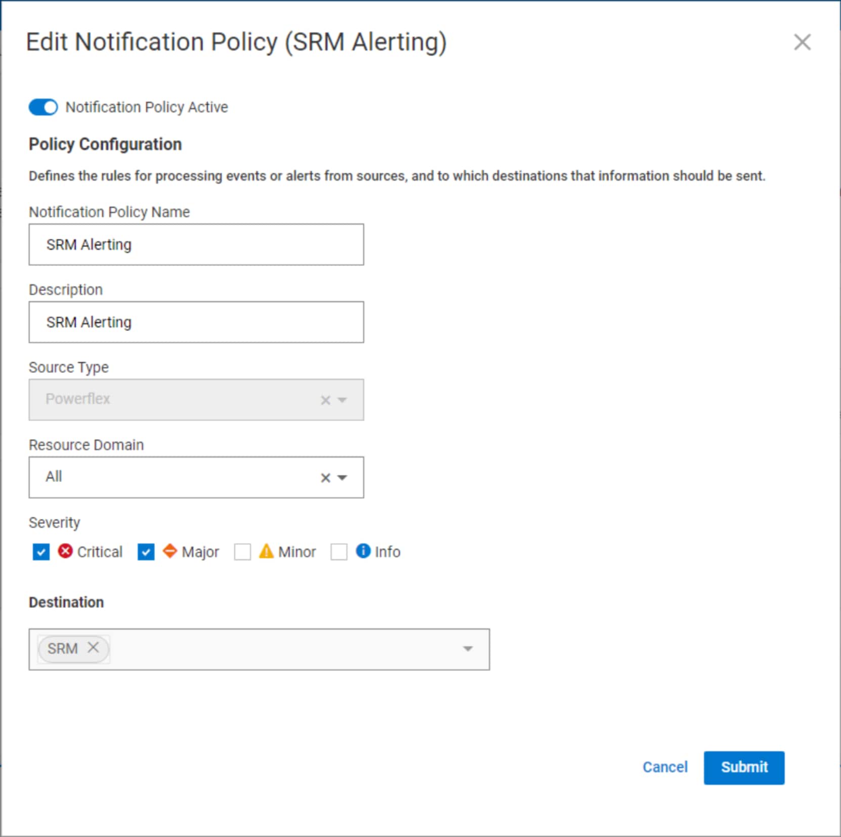 A screenshot of the notification policy in PowerFlex Manager.