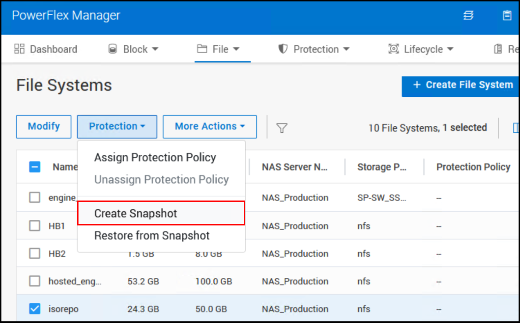 A screenshot showing how to create a file system snapshot in PowerFlex manager.