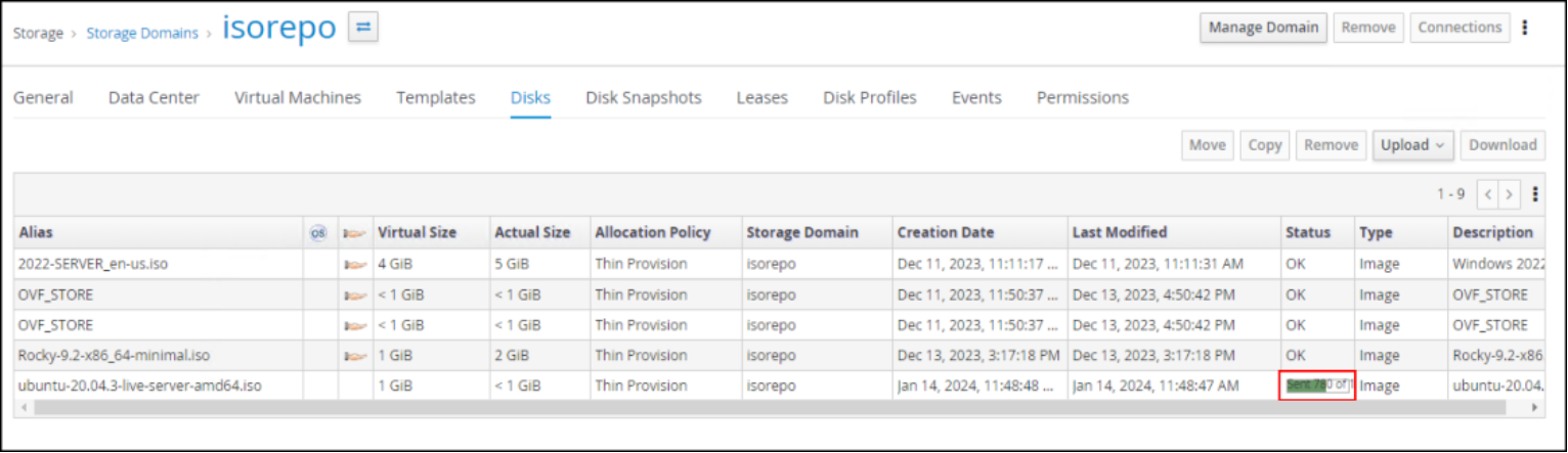 A screenshot showing how to monitor the ISO upload status.
