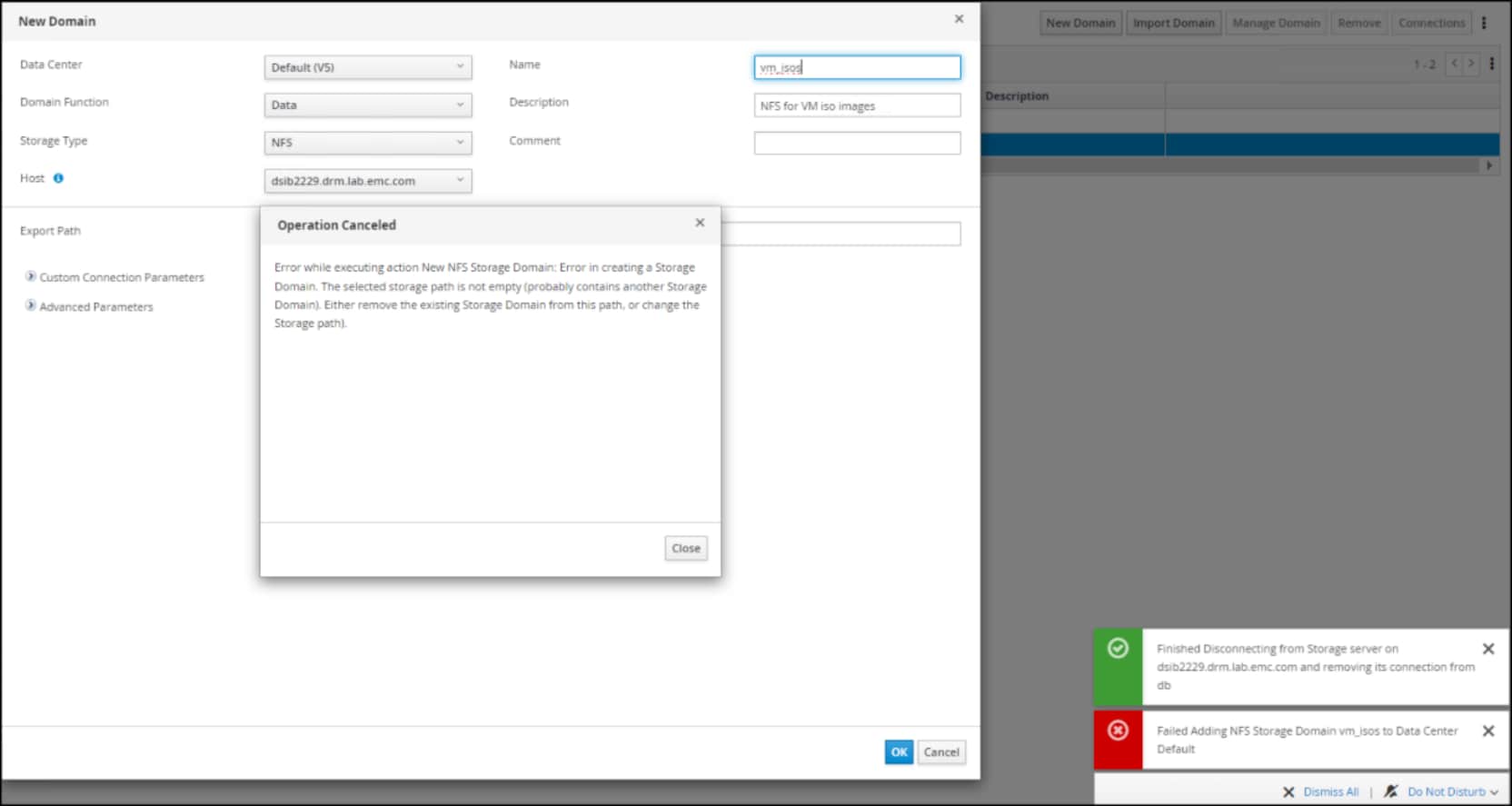 A screenshot showing an error creating NFS storage domain.