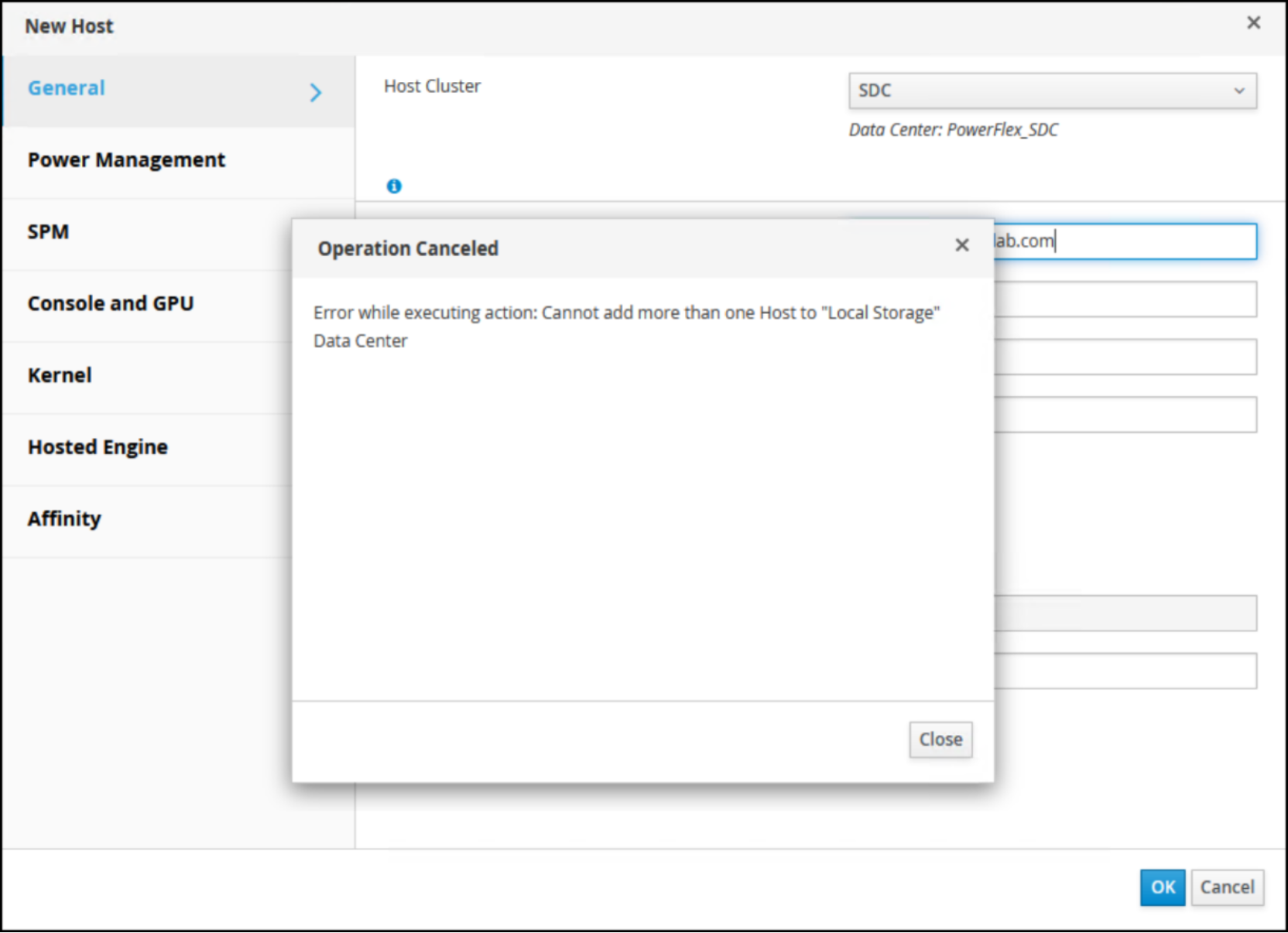 A screenshot showing an error when adding a second host to a local storage cluster