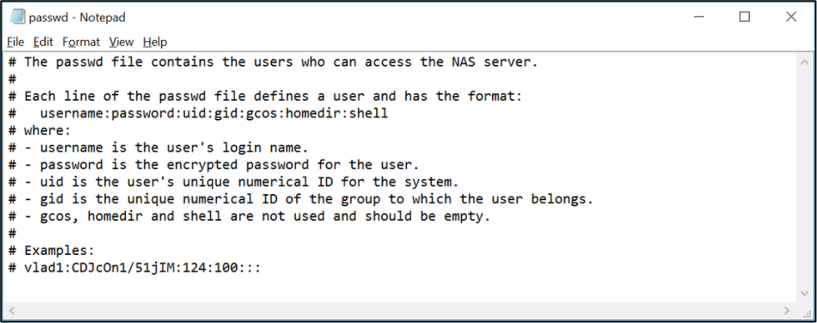 Output of a Passwd configuration file