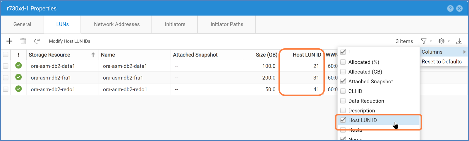 This diagram shows selecting column "Host LUN ID' from the available list of display colums from the columns filter tool (the gear icon).
