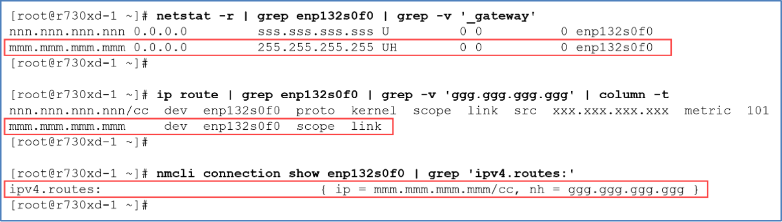 This diagram shows the output from "netstat -r", "ip route", and "nmcli connection show". The output from all three commands shows a static network route was defined.