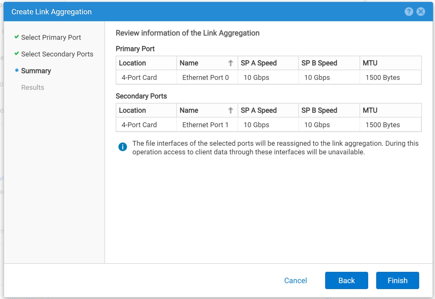 This picture shows Unisphere requesting the user to review their request to create a link aggregation.